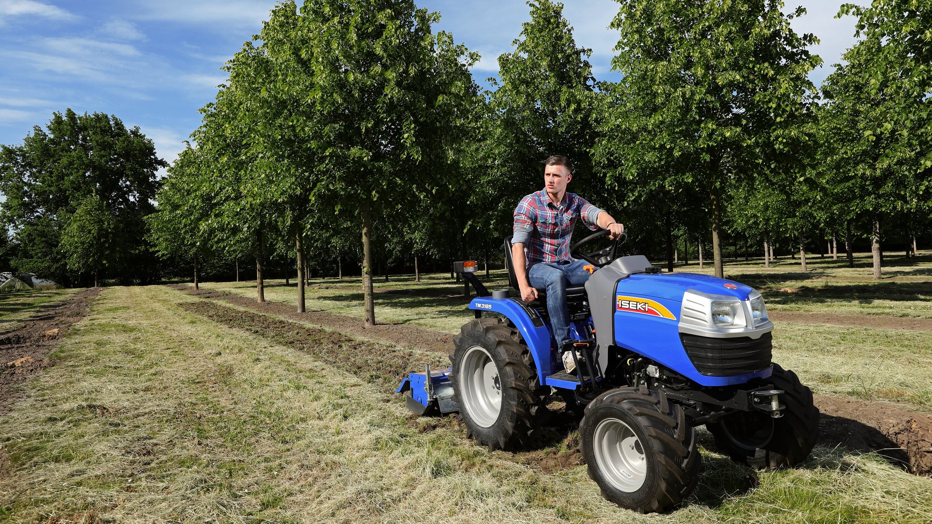 Traktor mit Bodenfräse im Einsatz vor Baumreihe.